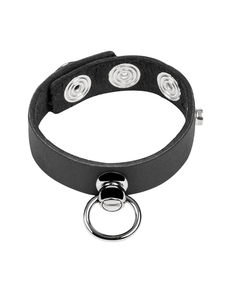 Rimba - Leather Cock Ring with Metal O-Ring - Black & Silver - Laced-up.nl