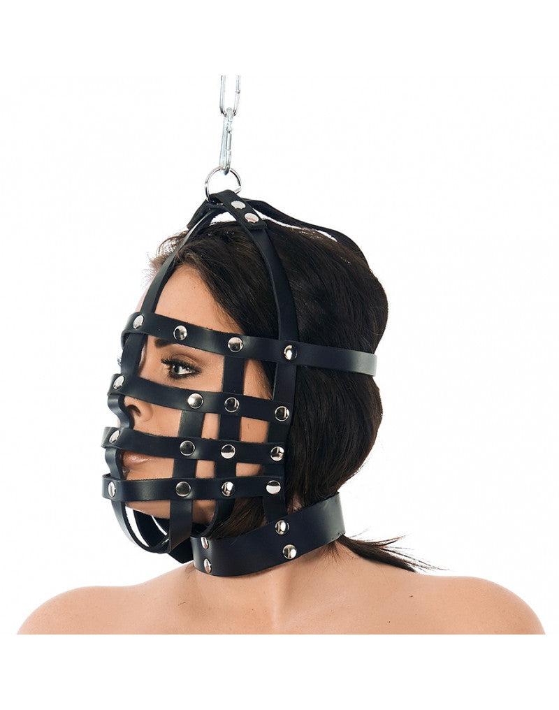 Rimba - Leren Muilkorf - Hoofdmasker Met Ring Boven - Hoofdbondage-Laced-up.nl