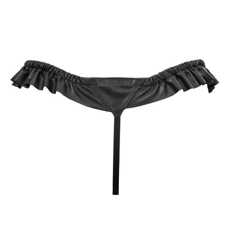 Rimba - Luxe Lederen Dames String met Ruches - Rekbare Bandjes - Zwart-Erotiekvoordeel.nl