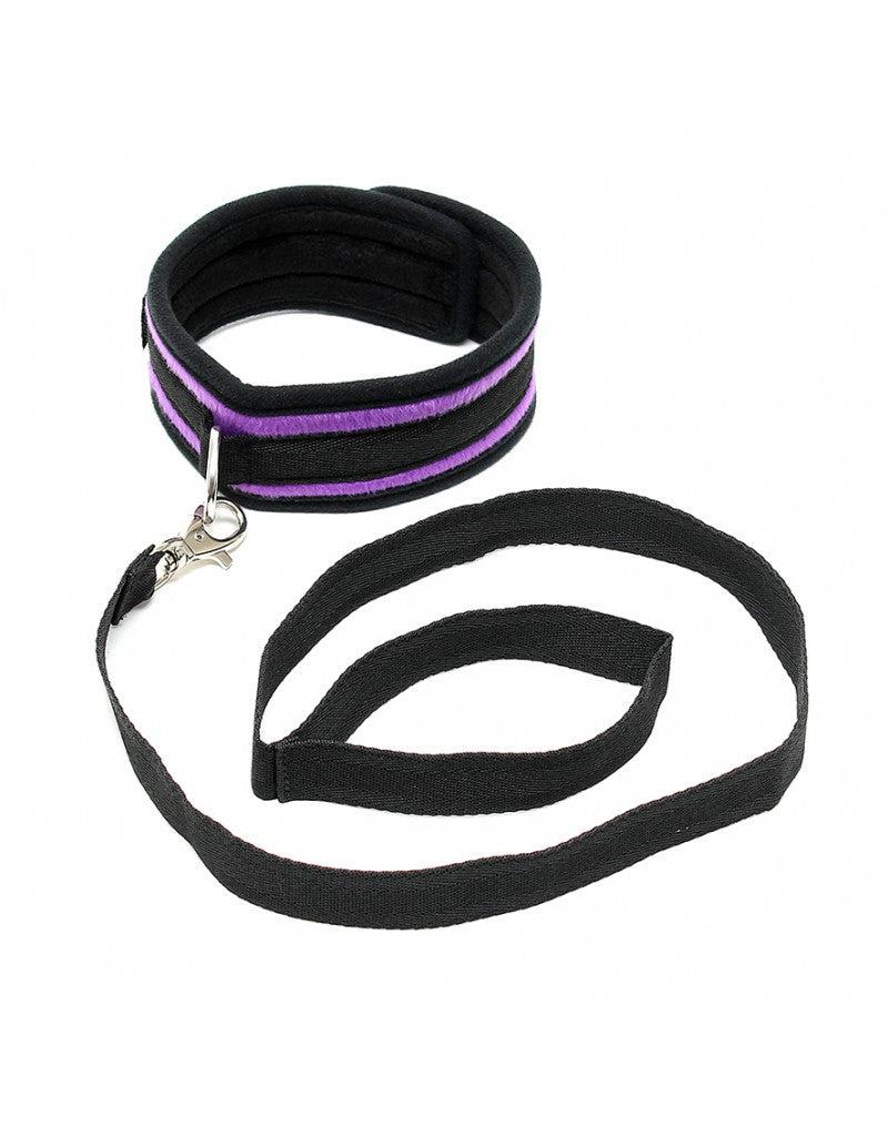 Rimba - Soft Bondage Halsband Met Leash - Zwart/Paars-Laced-up.nl