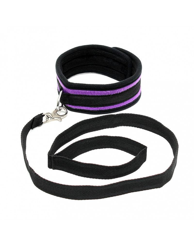 Rimba - Soft Bondage Halsband Met Leash - Zwart/Paars-Laced-up.nl