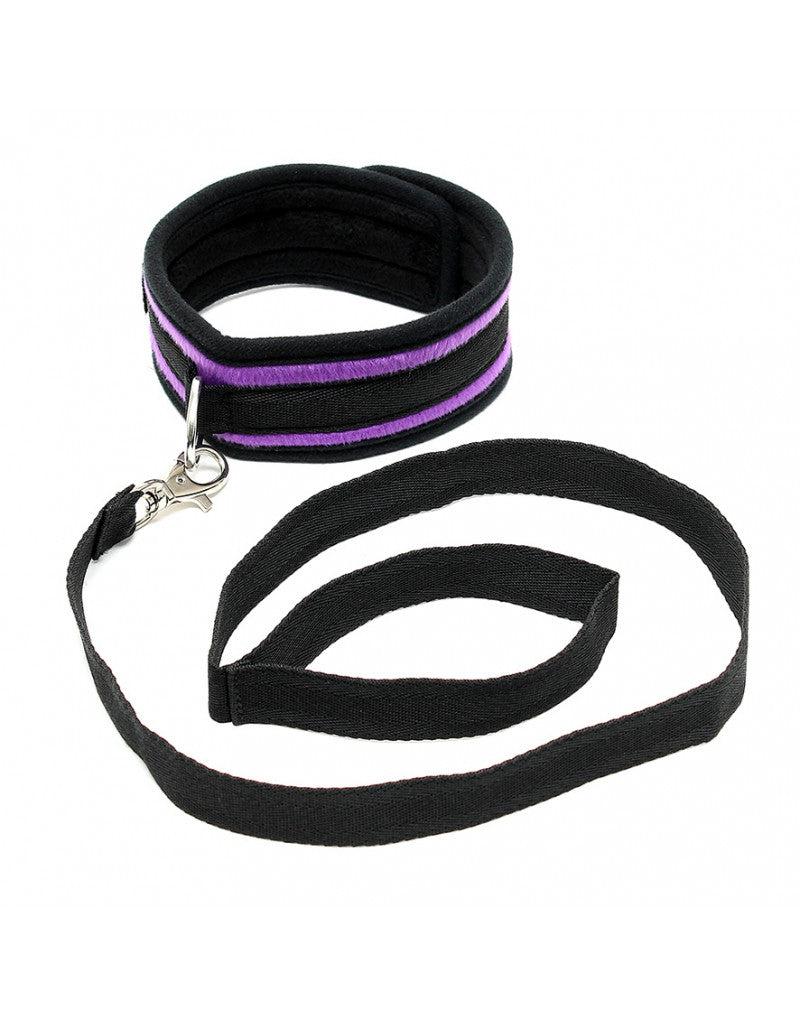 Rimba - Soft Bondage Halsband Met Leash - Zwart/Paars-Laced-up.nl