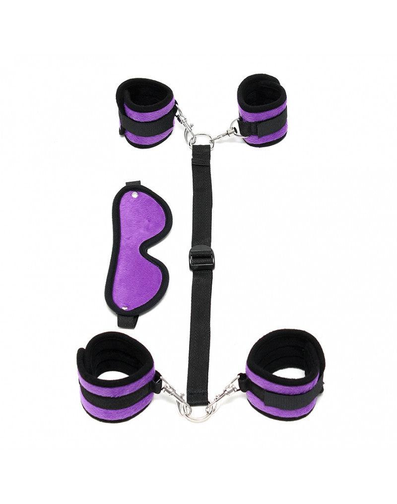 Rimba - Kit de bondage soft : menottes pour les poignets et les chevilles avec bandeau - Noir/Violet - Laced-up.nl