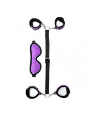 Rimba - Kit de bondage soft : menottes pour les poignets et les chevilles avec bandeau pour les yeux - Noir/Violet - Laced-up.nl