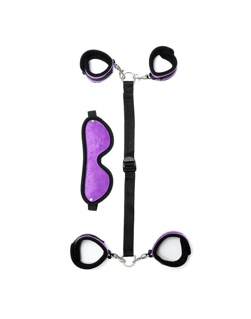 Rimba - Kit de bondage soft : menottes pour les poignets et les chevilles avec bandeau pour les yeux - Noir/Violet - Laced-up.nl