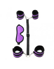 Rimba - Kit de bondage soft : menottes pour les poignets et les chevilles avec bandeau pour les yeux - Noir/Violet - Laced-up.nl