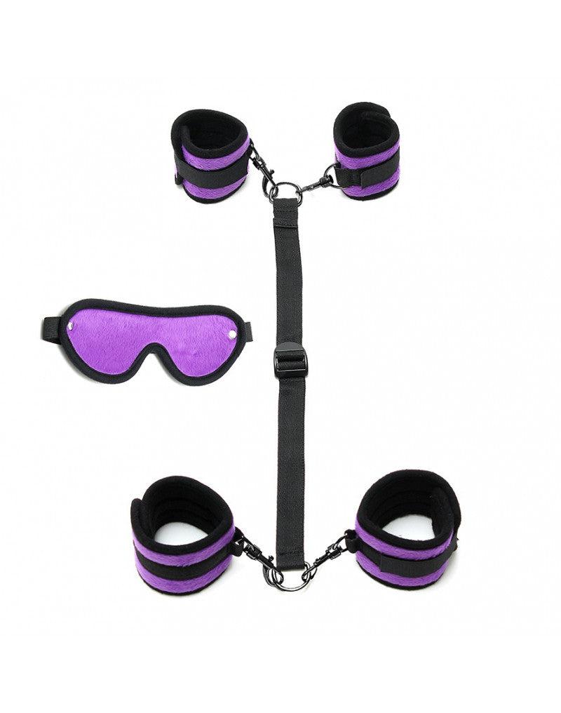 Rimba - Kit de bondage doux : menottes pour poignets et chevilles avec bandeau - Noir/Violet - Laced-up.nl