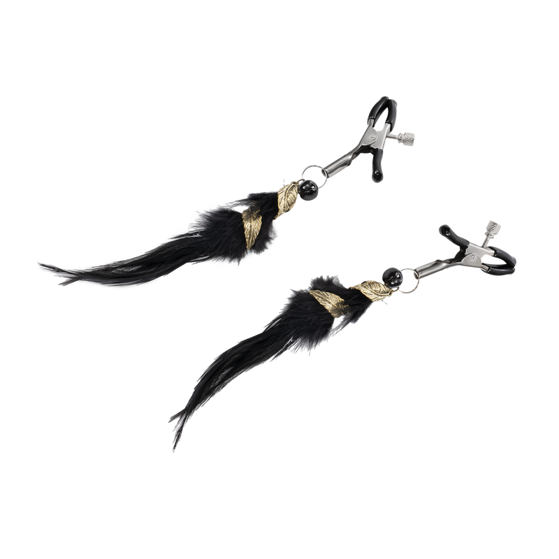 Rimba - Nipple Clamps with Black Feathers and Gold Charms - Black/Gold - Laced-up.nl