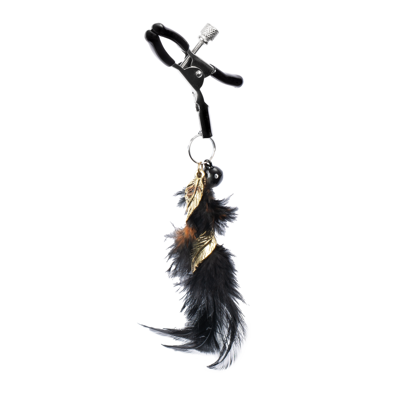Rimba - Nipple Clamps with Black Feathers and Gold Pendants - Black/Gold - Laced-up.nl
