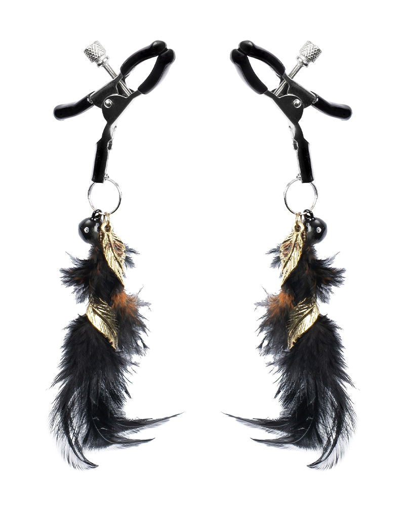 Rimba - Nipple Clamps with Black Feathers and Gold Charms - Black/Gold - Laced-up.nl