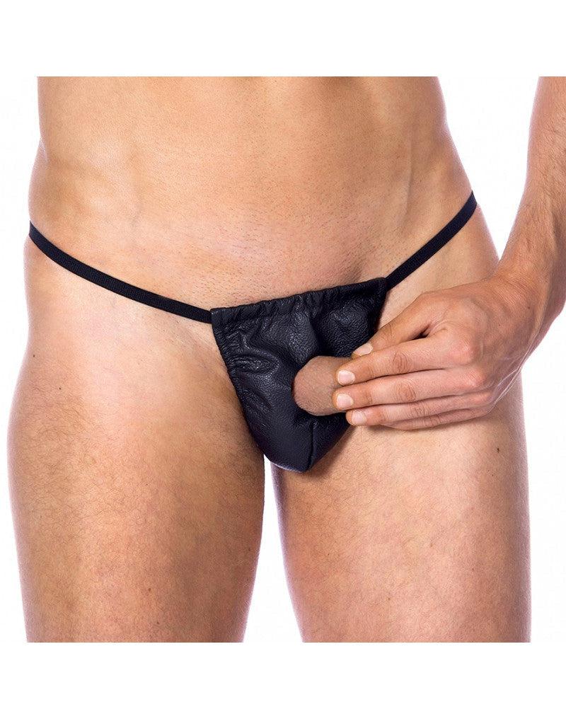 Rimba - Slip pour homme en cuir noir avec ouverture pour le pénis - Laced-up.nl