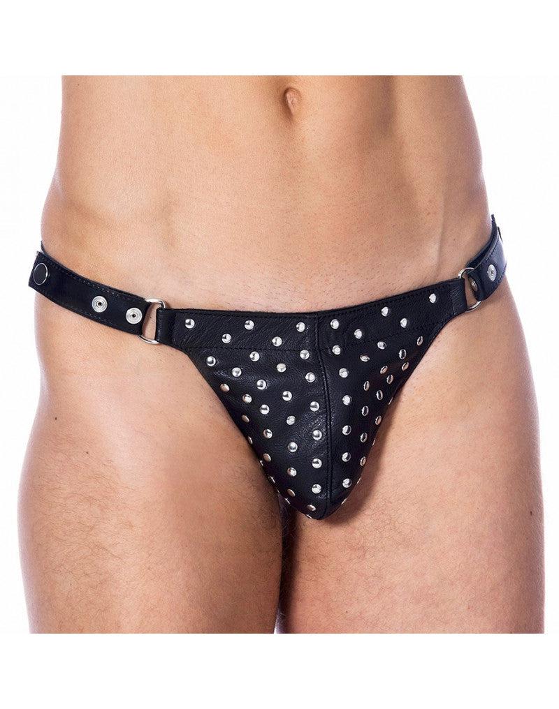 Rimba - Black Leather Men's Briefs with Metal Decorative Rivets - Laced-up.nl