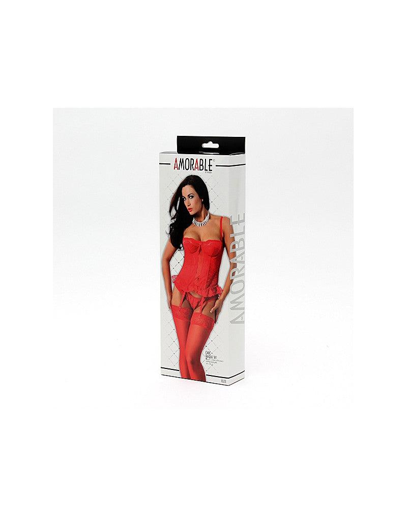 Amorable - Red Lace Corset - Includes Thong and Stockings - Laced-up.nl