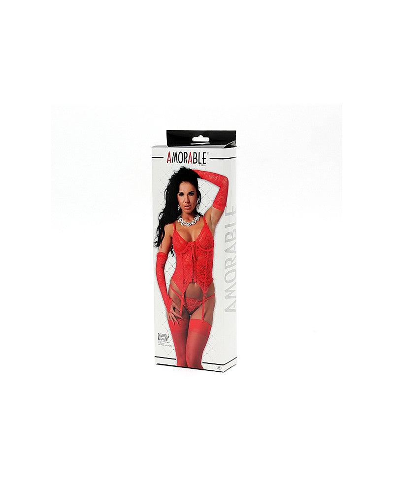 Amorable - Rotes Spitzenkorsett mit String, Handschuhen und Strümpfen - Laced-up.nl