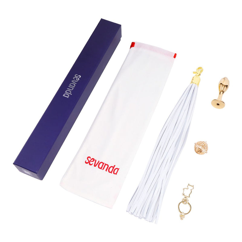 Sevanda - Flogger met Sleutelhanger, Bedel en Tulpvormige Buttplug - Wit/Goud-laced-up.nl
