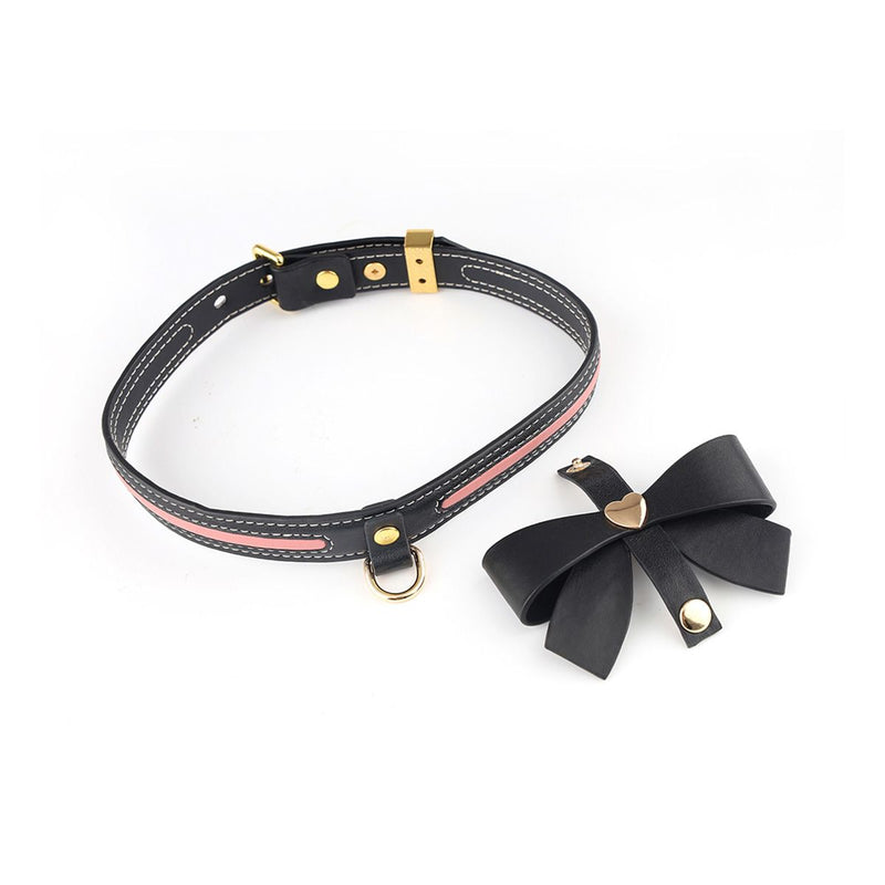 Sevanda - Love Heart Butterfly - Vegan Lederen Collar met Leiband - Zwart/ Roze-laced-up.nl