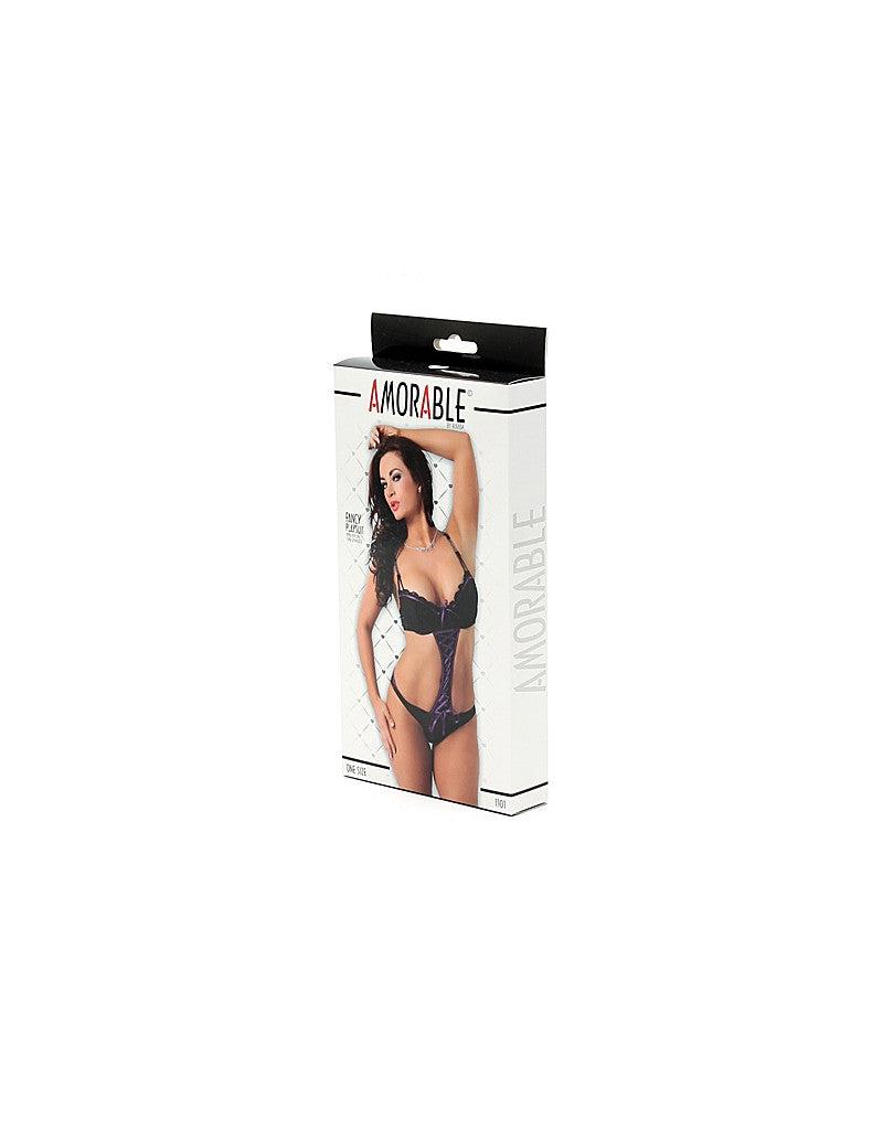 Amorable - Sexy Kanten Body Met Open Zijkanten- Zwart/Paars-Erotiekvoordeel.nl