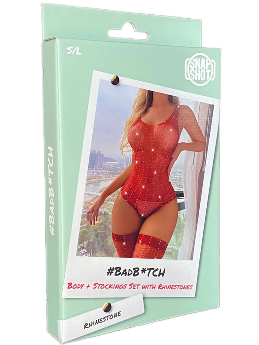Snapshot - #badb*tch - Body & Kousen met Strass Steentjes - One Size - Rood-Laced-up.nl