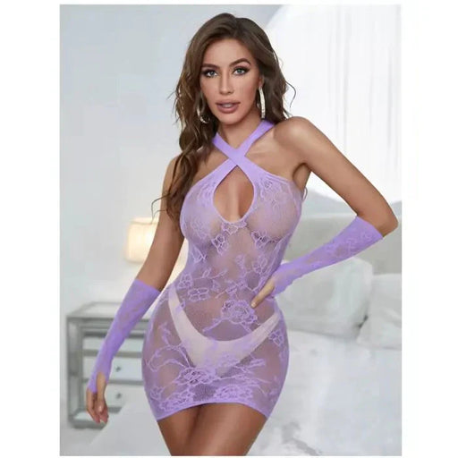 Snapshot - #badintentions - Kanten Mini Jurkje met Handschoenen - One Size - Lila-Laced-up.nl