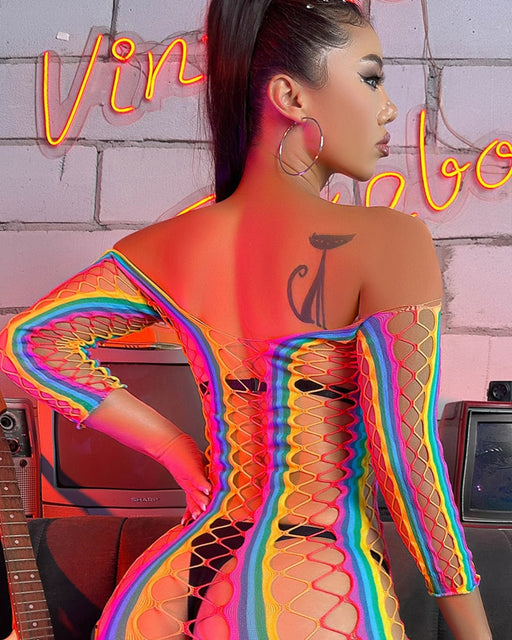 Snapshot - #bearockstar - Off-the-Shoulder Fishnet Dress - One Size - Rainbow-Laced-up.nl