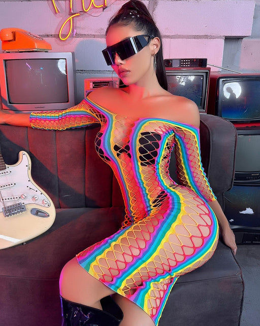 Snapshot - #bearockstar - Off-the-Shoulder Fishnet Dress - One Size - Rainbow-Laced-up.nl