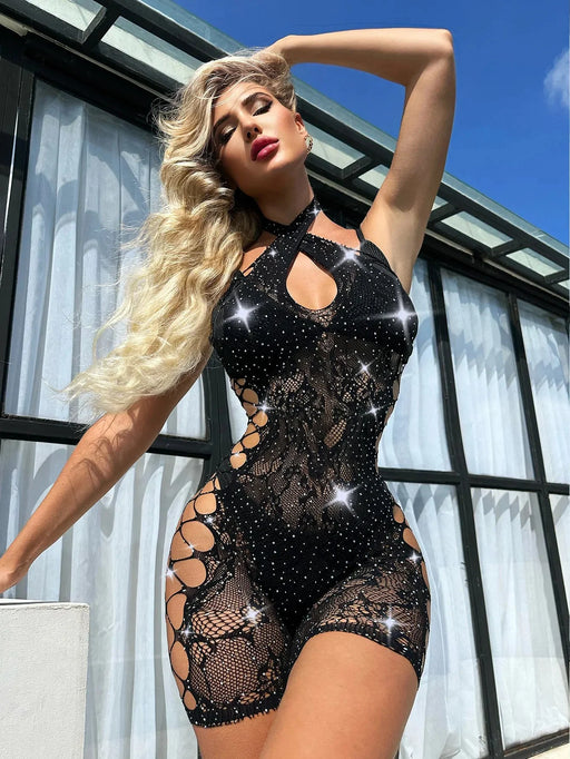 Snapshot - #firstlady - Visnet Mini Jurkje met Strass steentjes - One Size - Zwart-Laced-up.nl