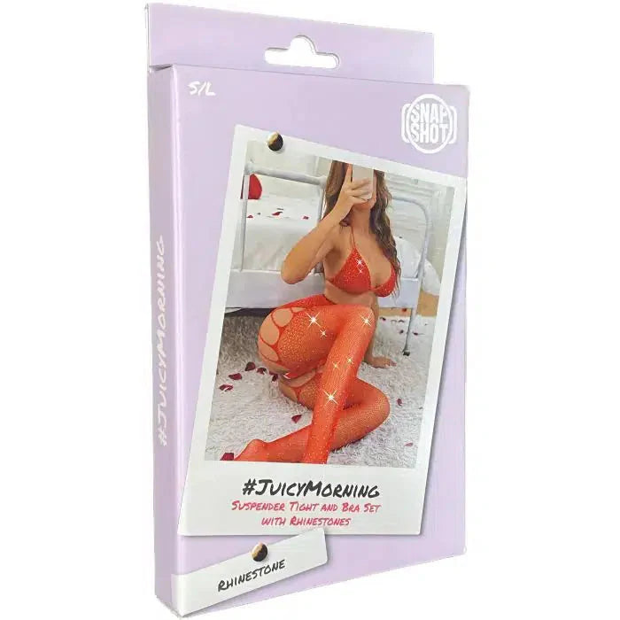Snapshot - #juicymorning - Jarretel Panty en BH Set met Strass steentjes - One Size - Rood-Laced-up.nl