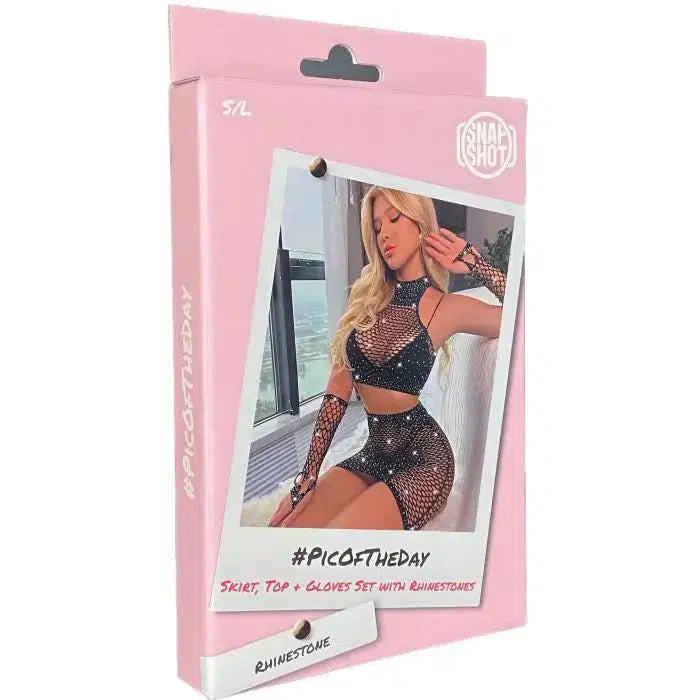 Snapshot - #picoftheday - Visnet Rokje, Top en Handschoenen met Strass steentjes - One Size - Zwart-Laced-up.nl