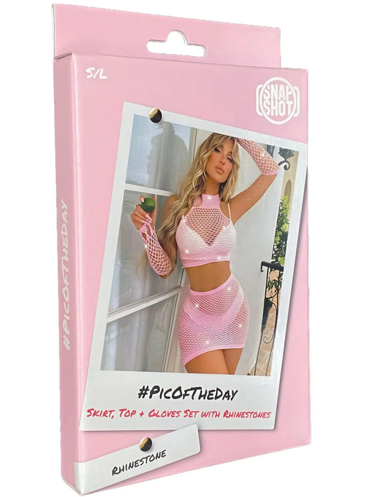 Snapshot - #picoftheday - Visnet Rokje, Top en Handschoenen met Strass steentjes - One Size - Roze-Laced-up.nl