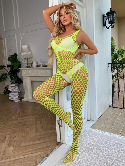 Snapshot - #sexysunday - Catsuit - Bodystocking Visnet - One Size - Geel-Laced-up.nl