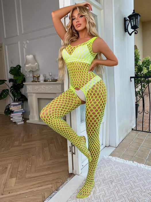 Snapshot - #sexysunday - Catsuit - Bodystocking Visnet - One Size - Geel-Laced-up.nl