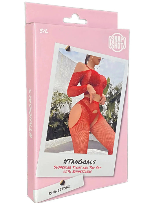 Snapshot - #tangoals - Visnet Topje enJarretel Panty Set met Strass Steentjes - One Size - Rood-Laced-up.nl
