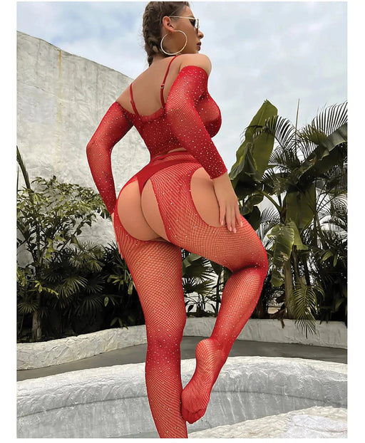 Snapshot - #tangoals - Visnet Topje enJarretel Panty Set met Strass Steentjes - One Size - Rood-Laced-up.nl