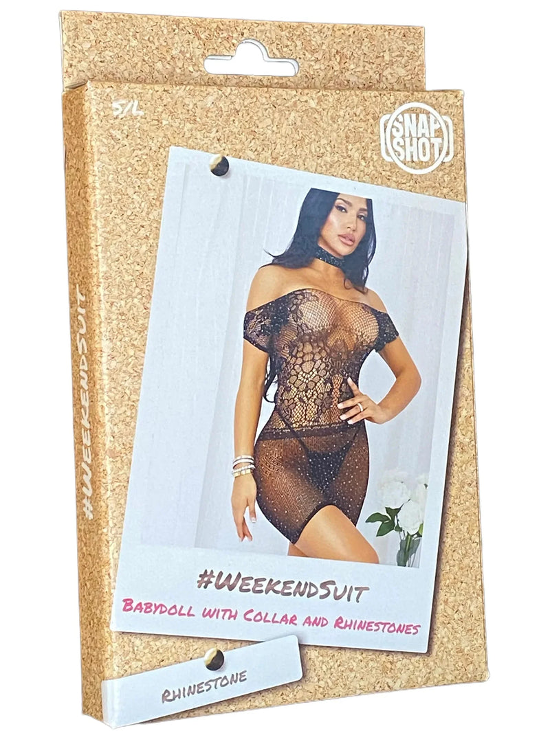 Snapshot - #weekendsuit - Kanten Mini Jurkje met Choker en Strass steentjes - One Size - Zwart-Laced-up.nl