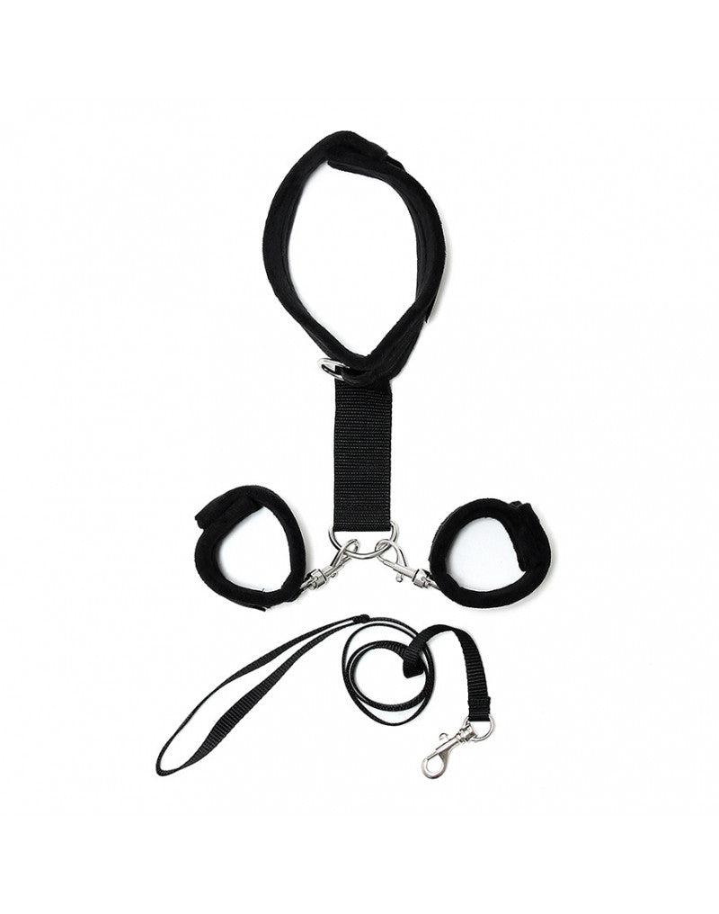 Rimba - Soft Bondage Collar Met handboeien En leiband - Zwart-Laced-up.nl