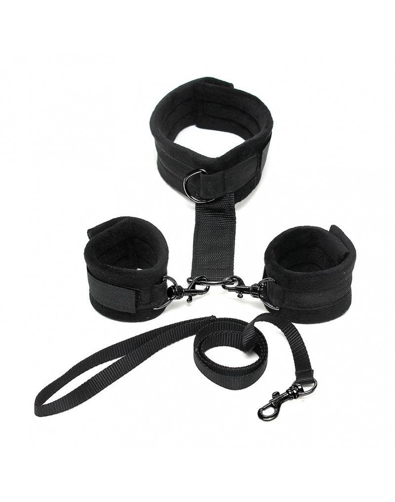 Rimba - Soft Bondage Collar Met handboeien En leiband - Zwart-Laced-up.nl
