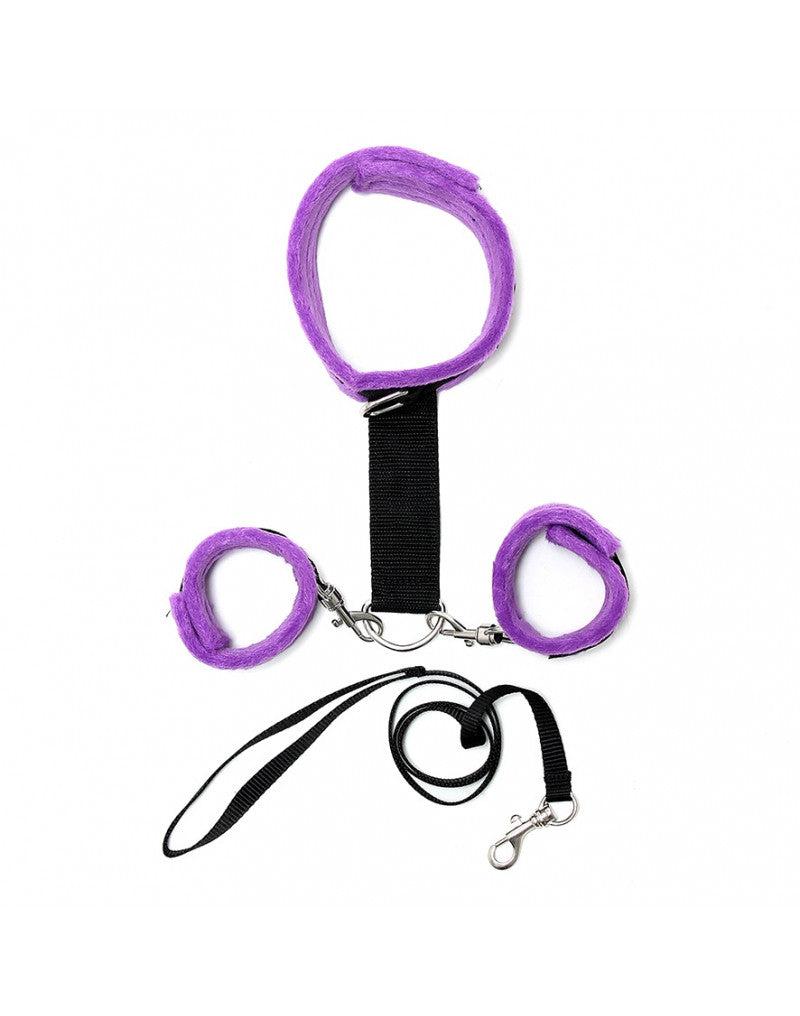 Rimba - Soft Bondage Collar Met handboeien En leiband - Zwart/Paars-Laced-up.nl