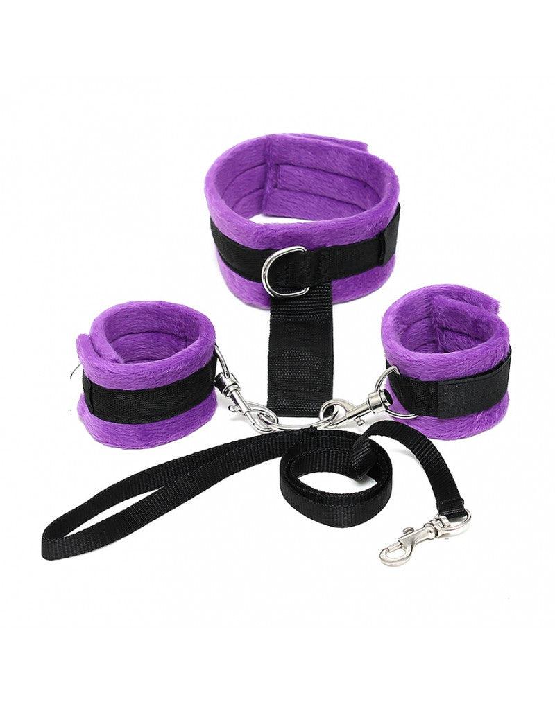 Rimba - Soft Bondage Collar Met handboeien En leiband - Zwart/Paars-Laced-up.nl