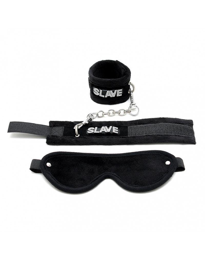 Rimba - Soft Bondage Set blinddoek En handboeien SLAVE - Zwart-Laced-up.nl