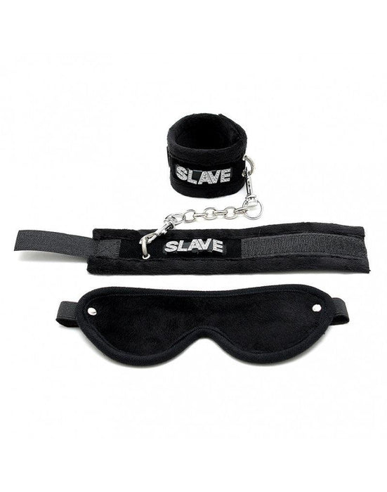 Rimba - Soft Bondage Set blinddoek En handboeien SLAVE - Zwart-Laced-up.nl