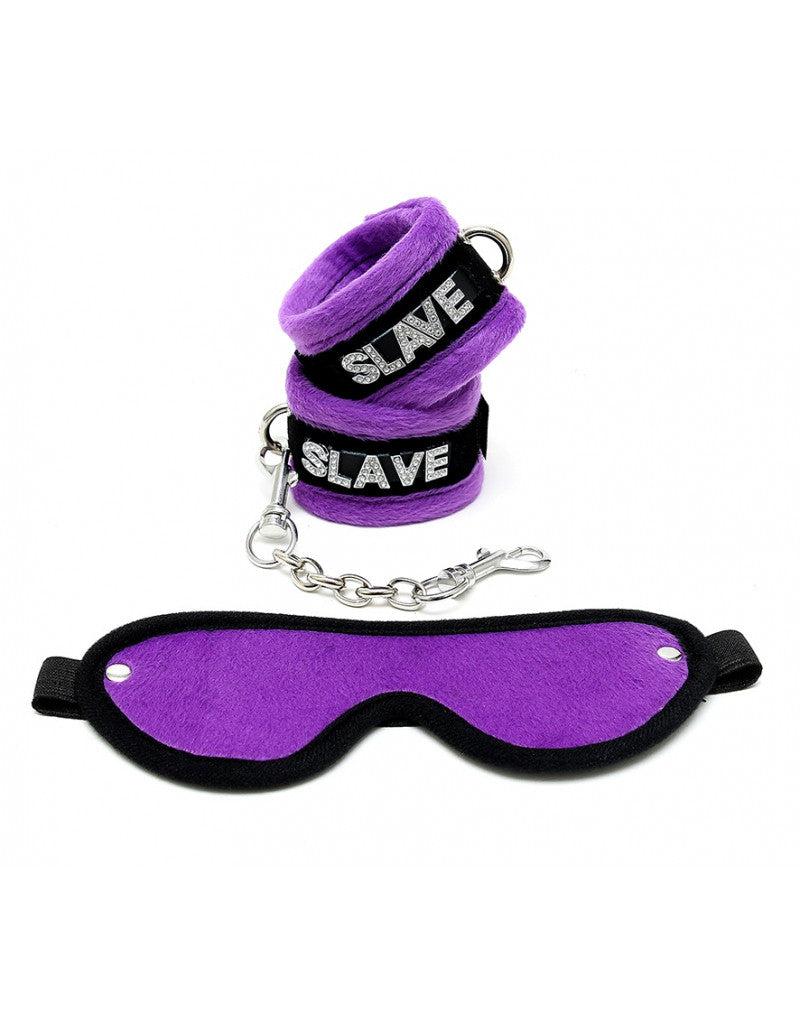 Rimba - Soft Bondage Set blinddoek En handboeien SLAVE - Zwart/Paars-Laced-up.nl