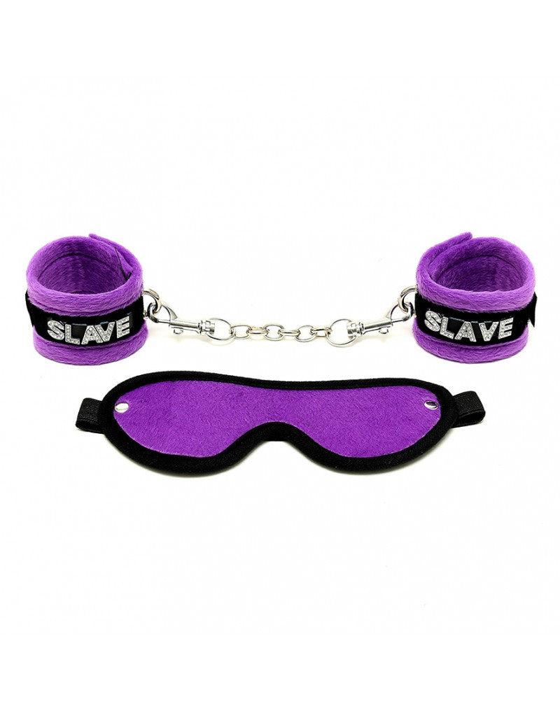Rimba - Soft Bondage Set blinddoek En handboeien SLAVE - Zwart/Paars-Laced-up.nl
