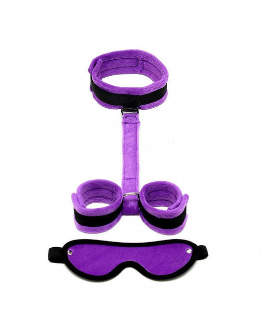 Rimba - Soft Bondage Set Met klittenband Boeien/collar/blinddoek - Zwart/Paars-Laced-up.nl
