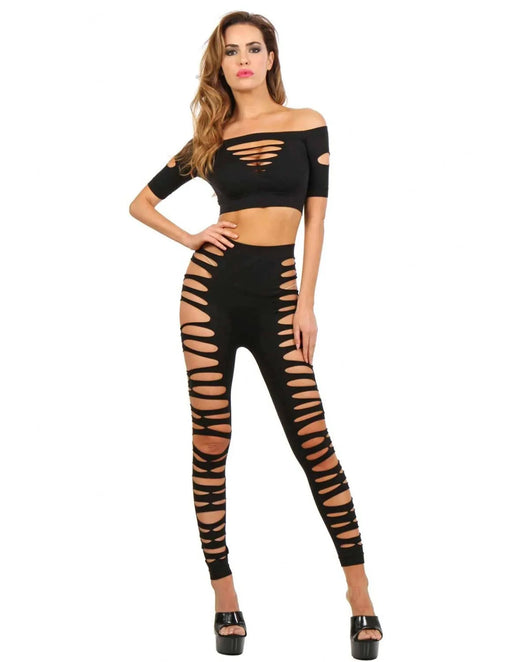 Soisbelle Paris - Opengewerkte Leggings + Top Set - One Size - Zwart-Laced-up.nl