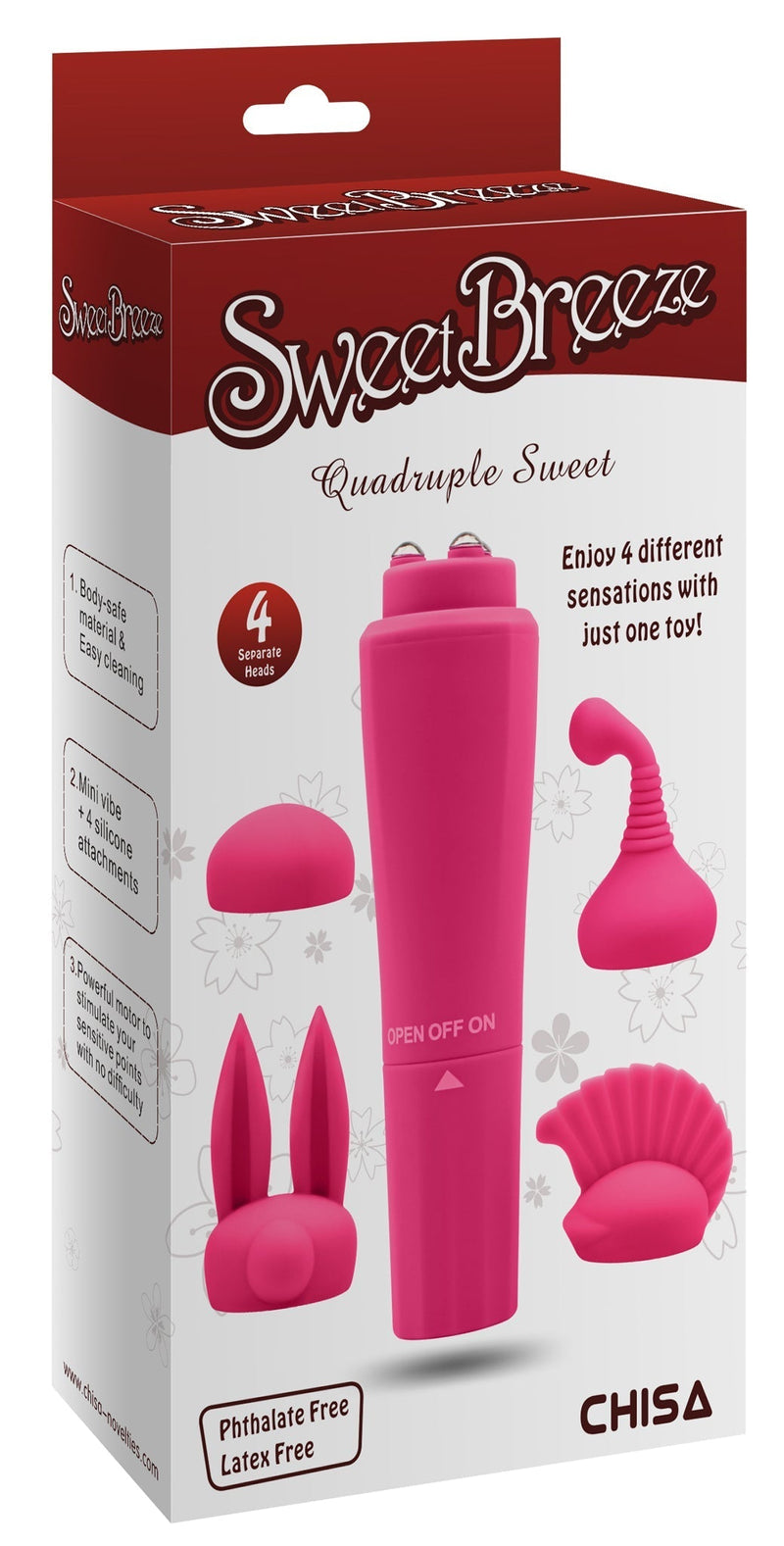 Sweet Breeze - Quadruple Sweet - Pocket Rocket Mini Vibrator - Vier Opzetstukjes - Roze-laced-up.nl