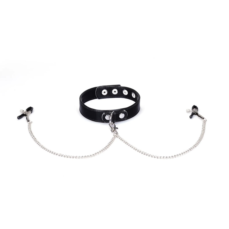 Liebe Seele - Metallic Shade - Vegan PU Lederen Collar met Tepelklemmen - Zwart-Erotiekvoordeel.nl