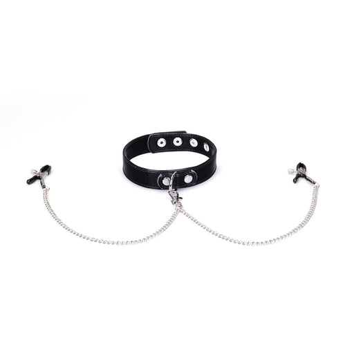 Liebe Seele - Metallic Shade - Vegan PU Lederen Collar met Tepelklemmen - Zwart-Erotiekvoordeel.nl