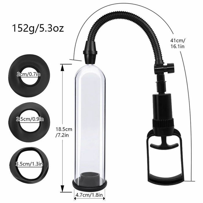 Essentials - Handmatige Penis Pomp met Sleeves - 21 cm - Transparant/Zwart-Erotiekvoordeel.nl