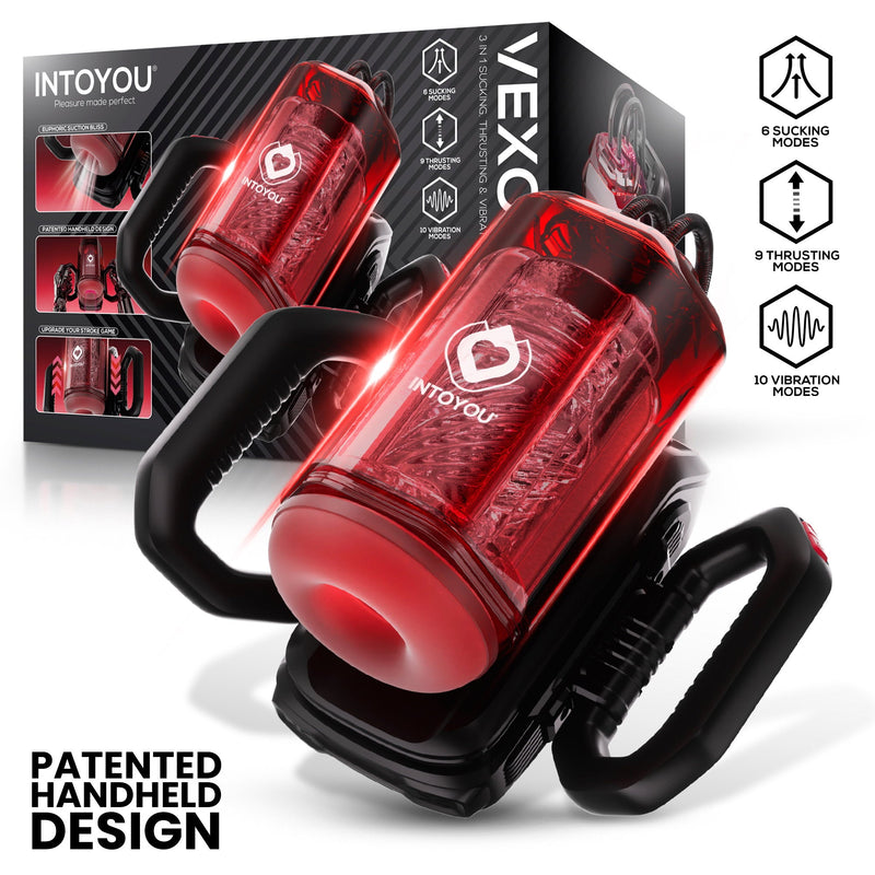 IY - Vexor - 3-in-1 Masturbator - Met Zuig- Stoot- en Vibratiefunctie - Zwart/Rood-Erotiekvoordeel.nl