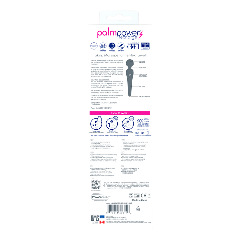 PalmPower - Recharge Wand Massager - Flexibele Kop - Blauw/Zwart. xxxx-Erotiekvoordeel.nl